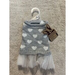 NWT Pup Crew XS Dog Dress Gray Knit White Hearts Tulle Skirt Sweater Dress New
